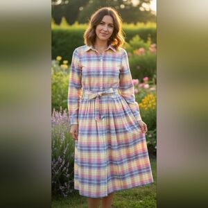 Vtg Lands' End Madras Plaid Shirt Dress Pastel Yellow Pink Long Sleeve Waist Tie